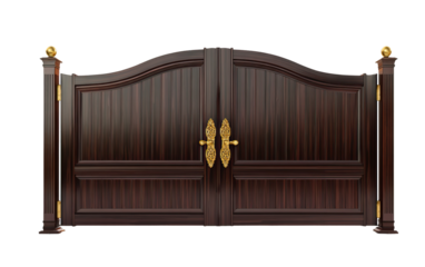 Dark mahogany double gate with golden metallic handles on transparent background