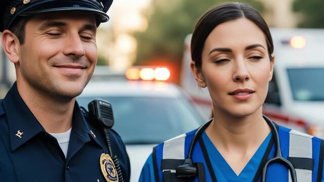 Portrait of a male police officer and a female paramedic standing together. First responders on duty with emergency vehicles in the background.