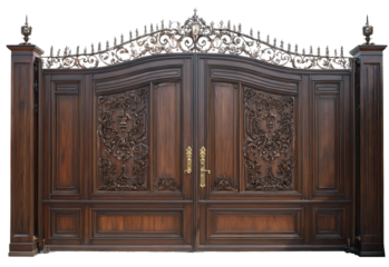 Dark mahogany double gate with golden metallic handles on transparent background