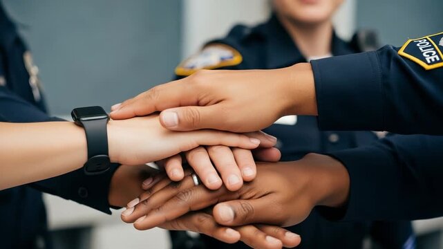 Diverse group of police officers stacking hands together in a show of unity. Law enforcement team demonstrating support, cooperation, and solidarity.
