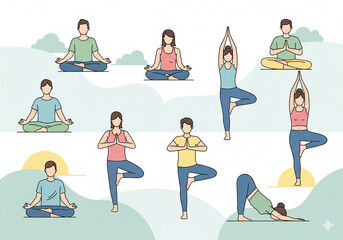 Diverse group of people practicing various yoga poses in a serene natural setting