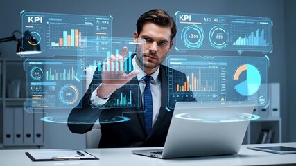 Business professional using KPI dashboard with AI-powered performance analytics, sales growth data, and risk indicators to drive financial strategy and operational optimization in corporate setting - Powered by Adobe