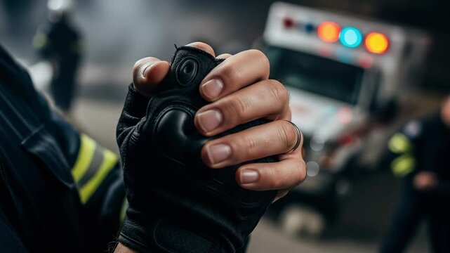 Close-up of a male first responder's hand in a tactical glove holding a radio, with an ambulance and flashing lights at an emergency scene.