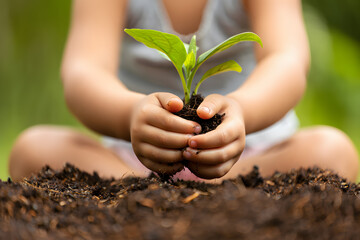 Tiny Hands Nurturing Growth A Child's Hands Gently Hold a Small Plant Sprout with Soil Symbolizing New Beginnings Hope and the Promise of a Green Future