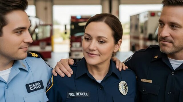 smilling ems professionals in uniform. happy emergency responders. teamwork concept