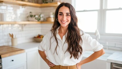Smiling woman portrait in bright kitchen with natural light at daytime