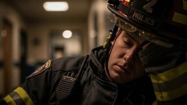 Close-up portrait of an exhausted male firefighter in full uniform resting with his eyes closed. A tired first responder after a difficult call.