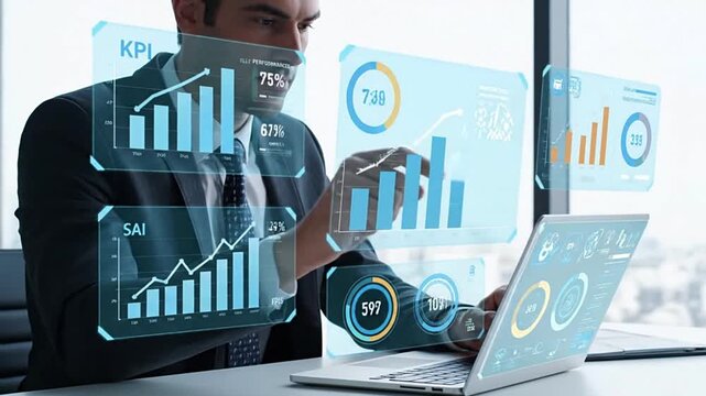 analytics dashboard of Key Performance Indicator (KPI) using Business Intelligence (BI) metrics to measure achievement versus planned target, person touching screen icon, and success.