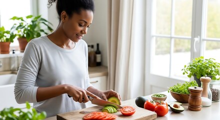 Healthy African American Woman Preparing a Salad with Avocado and Tomatoes in a Bright Kitchen