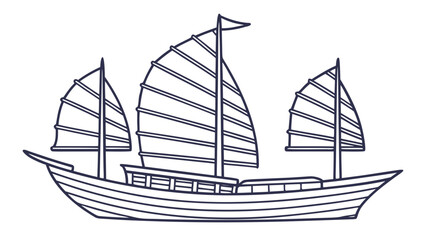 Dark Blue Line Drawing of a Traditional Chinese Junk Boat with Three Sails