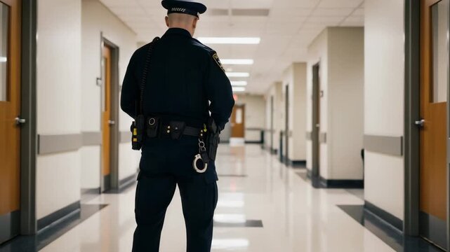 Police officer from behind standing guard in a long institutional hallway. Law enforcement on duty with tactical gear and uniform.
