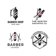Collection of Barbershop Logo Designs with Barber Pole, Scissors, Comb, and Shaving Razor