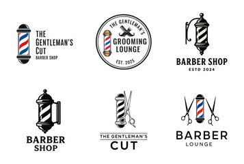 Set of Vintage Barber Shop Logos with Classic Barber Poles and Grooming Tools