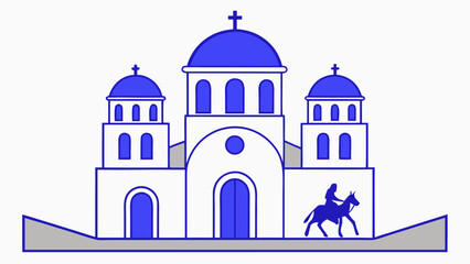 Santorini Donkey Ride Minimalist Blue White Church Vector