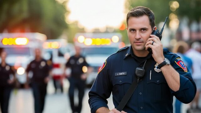 Male paramedic first responder communicating on a radio at an emergency scene. Caucasian EMT professional working outdoors with ambulances in the background.