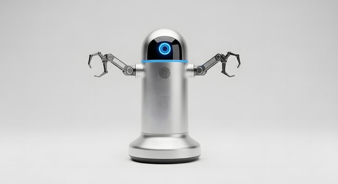 Futuristic silver assistant robot with glowing blue eye and manipulator claws on a white background - Powered by Adobe