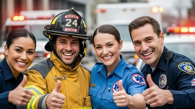 Happy first responders team portrait. Diverse police, fire, and EMS professionals showing unity and giving thumbs up.