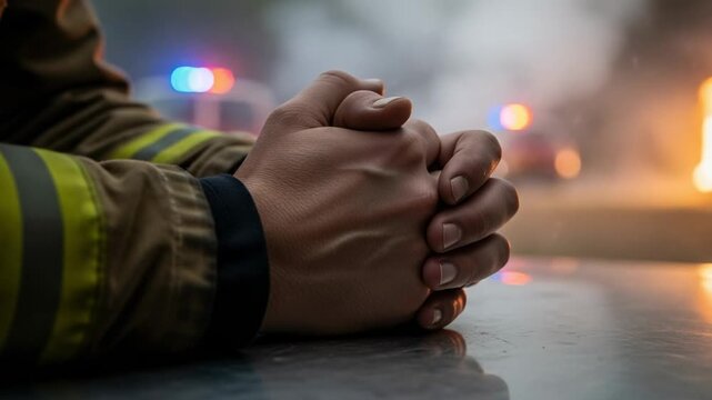 Close up of a firefighter's clasped hands at an emergency scene. First responder feeling stressed and anxious with fire and flashing lights in the background.