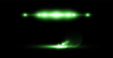 Light green effect reflections, neon illumination in white colors. Bright light lens. Police light effects, lines. Shiny stars, glowing sparks on a black background.