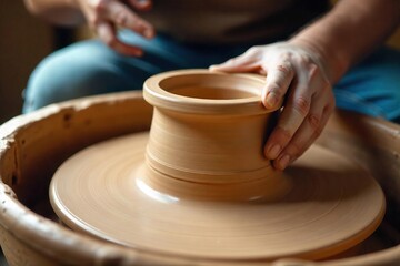 Close-up view of a handcrafted pottery wheel in motion, clay being shaped into a round form Perfect for craft, art, and ceramics projects , material, pottery