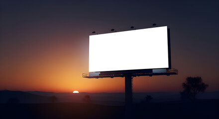 A moody dusk scene with a blank billboard in the center and a gradient sky.