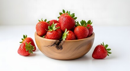 Fresh Ripe Strawberries in a Wooden Bowl