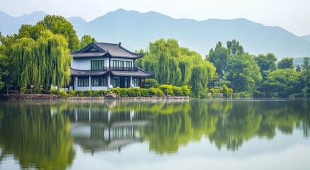 Obraz premium Scenic Lakeside Retreat, A Traditional House Reflected in Calm Waters