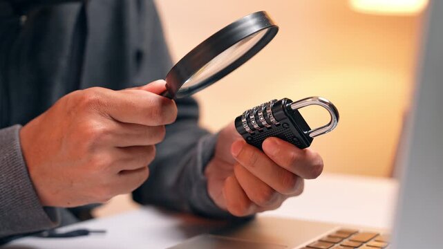 A hacker&rsquo;s careful scrutiny of a lock with a magnifying glass stands for password cracking, digital infiltration, security loopholes, identity theft, and the challenge of online safety.
