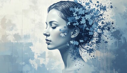 A serene woman's profile, adorned with a delicate, scattered pattern of blue puzzle pieces against a muted background