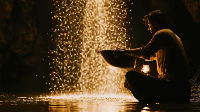 Silhouette of person by golden waterfall in cave