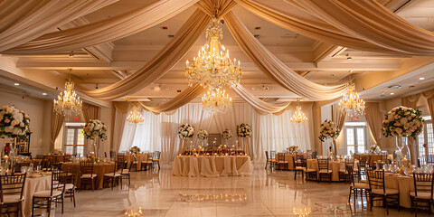 Elegant ballroom decorated for a luxurious event with chandeliers and draped fabric