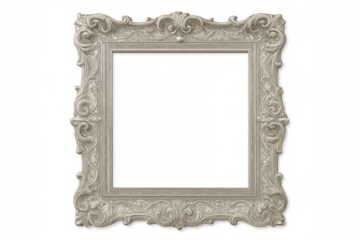 Elegant silver baroque frame with ornate detailing, featuring transparent background for highlighting artistic visual content