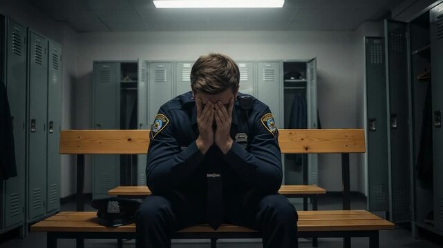 Stressed and overwhelmed male police officer sitting alone in a locker room. Law enforcement agent feeling emotional distress and burnout from the job.
