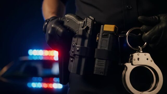 Male police officer in uniform with tactical gear. Close-up on a handgun, taser, and handcuffs against a backdrop of emergency lights.