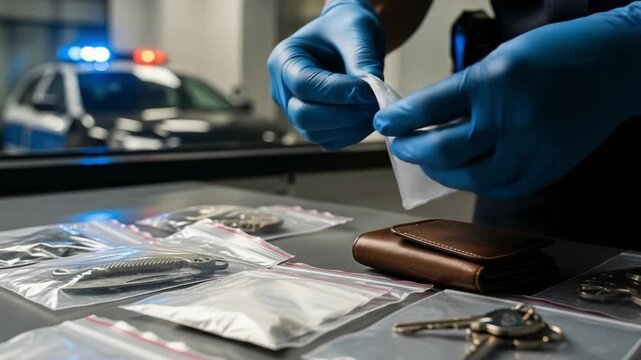 Police officer in blue gloves processing seized evidence like drugs and a knife. Law enforcement investigation with a police car in the background.
