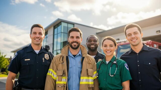 A diverse team of smiling first responders, including police officers, a firefighter, and a paramedic, stand together in front of their station.