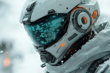 Man in white suit and helmet, blue light on face.