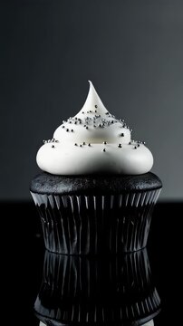 black charcoal cupcake with smooth white frosting and silver sprinkles on a dark background