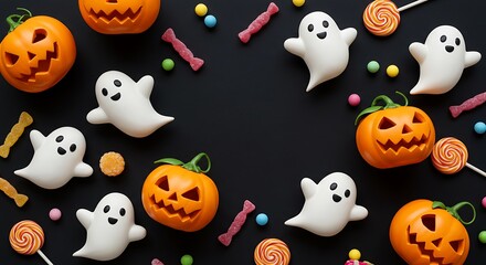 Fototapeta premium Halloween-themed treats featuring ghost and pumpkin shapes with colorful candies on a dark background
