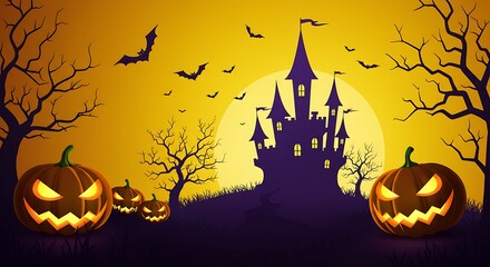Halloween Scene with Pumpkins, Bats, and a Haunted Castle Against a Full Moon