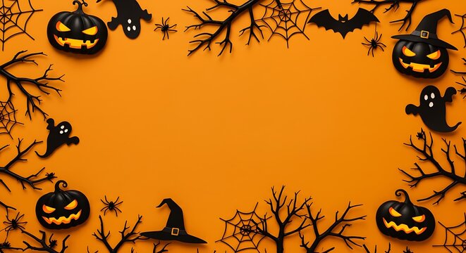 Halloween-themed border with pumpkins, bats, ghosts, and spiders on an orange background