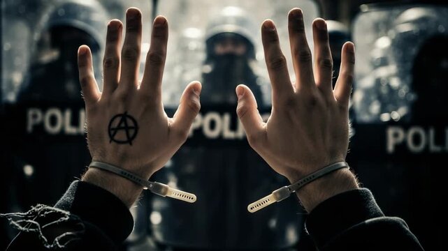 A protestor with an anarchy symbol on his hand breaks free from plastic handcuffs while facing riot police.