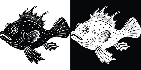 Whimsical spotted fish illustration with bold black and white contrast, perfect for marine decor and graphic design projects.