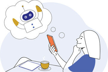 Woman sitting at desk using smartphone thinking about ai robot vector illustration white background