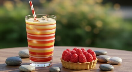 Colorful striped drink with a straw and a raspberry tart on a table outdoors