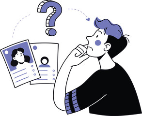 Young man contemplating profile cards with a question mark vector illustration eps white background