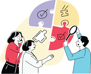Diverse professionals collaborating on puzzle pieces exploring ideas and solutions vector illustration white background
