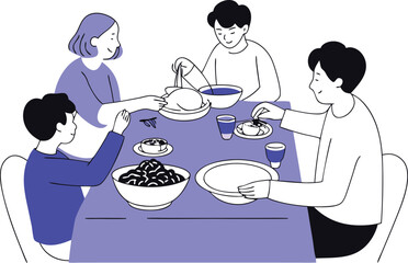 Family enjoying meal together around dining table vector illustration white background