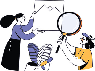 Clean minimalist vector illustration person holding mountain artwork magnifying glass study white background