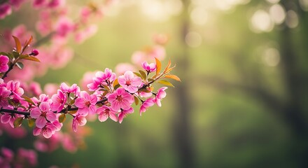 Obraz premium Blooming Pink Flowers in a Sunlit Forest